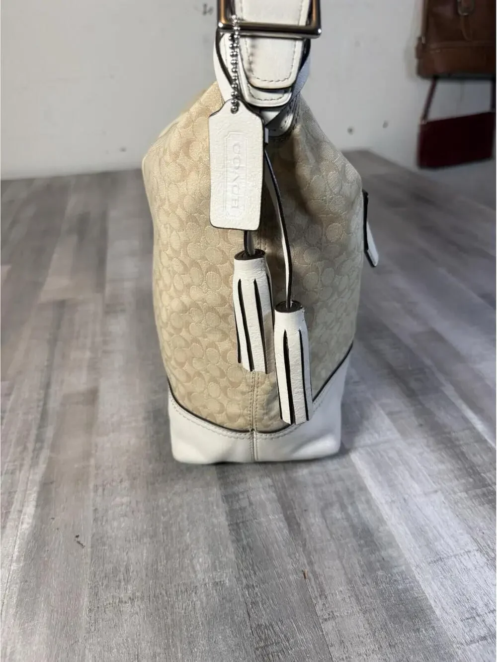 NCOACH LEGACY Khaki Ivory Signature Glitter Stripe Convertible Duffle Bag